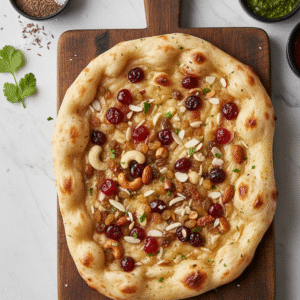 Kashmiri Naan (White bread  stuffed with sweet cherry, raisins, and cashews)